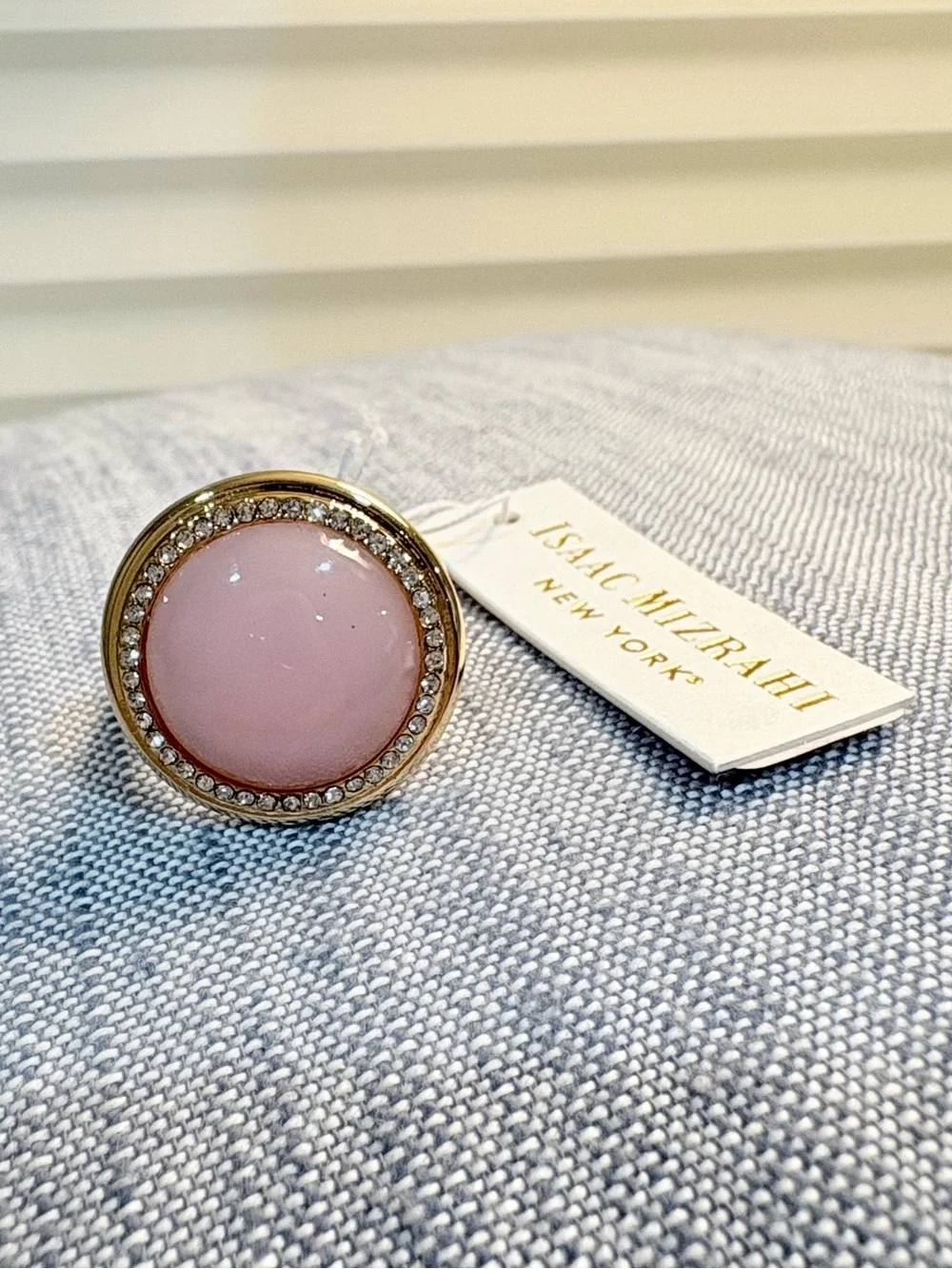 Isaac Mizrahi Gold-Tone Pink Cabochon Ring with Crystal Halo
